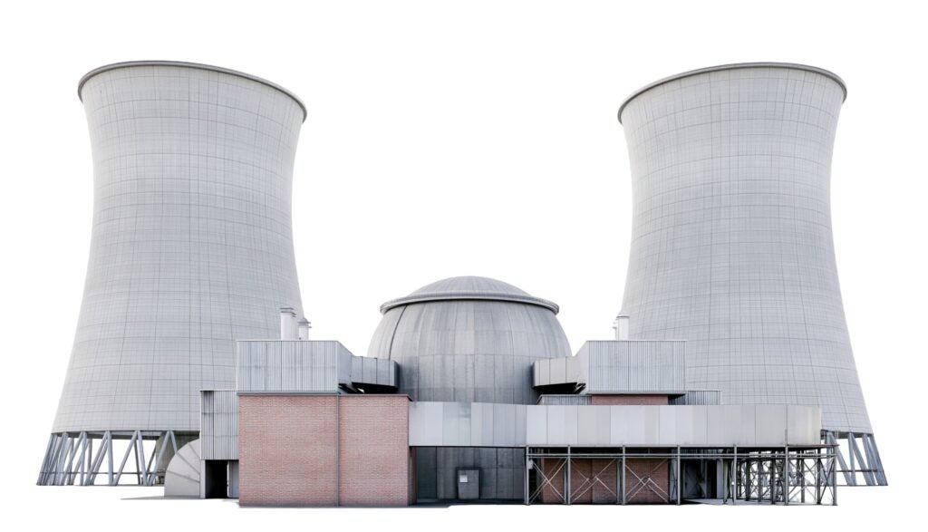 A nuclear power plant facility featuring two large cooling towers alongside a domed reactor containment building.