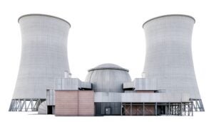 A nuclear power plant facility featuring two large cooling towers alongside a domed reactor containment building.