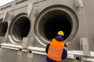 A worker in safety gear inspecting large concrete storage modules built to hold spent nuclear fuel containers.